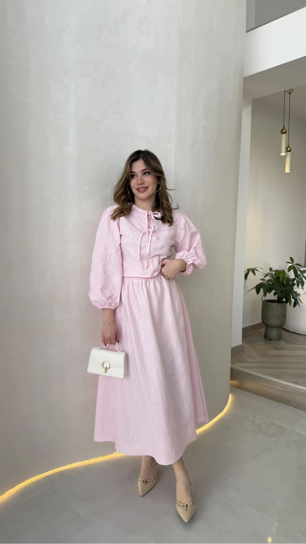 Brera Balon Kol Dokulu Etek Bluz Takım - Pembe - Kod: 6045