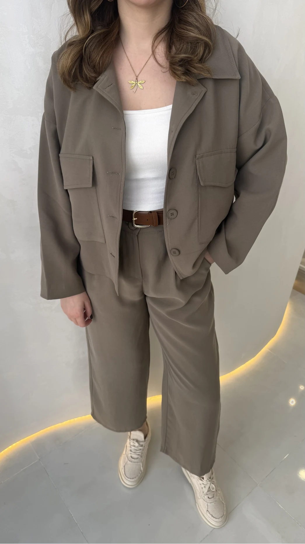 Cepli Kemerli Oversize Ceket-Pantolon Takım - Haki - Kod: 9025