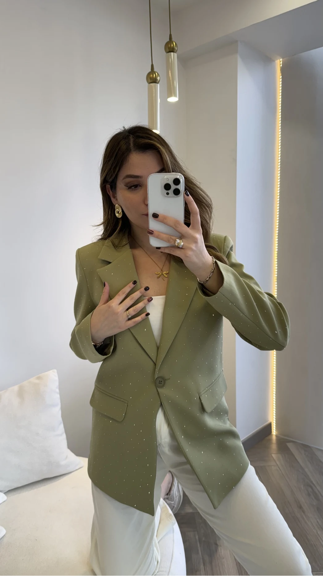 Taşlı Vatkalı Blazer Ceket - Haki - Kod: 98044