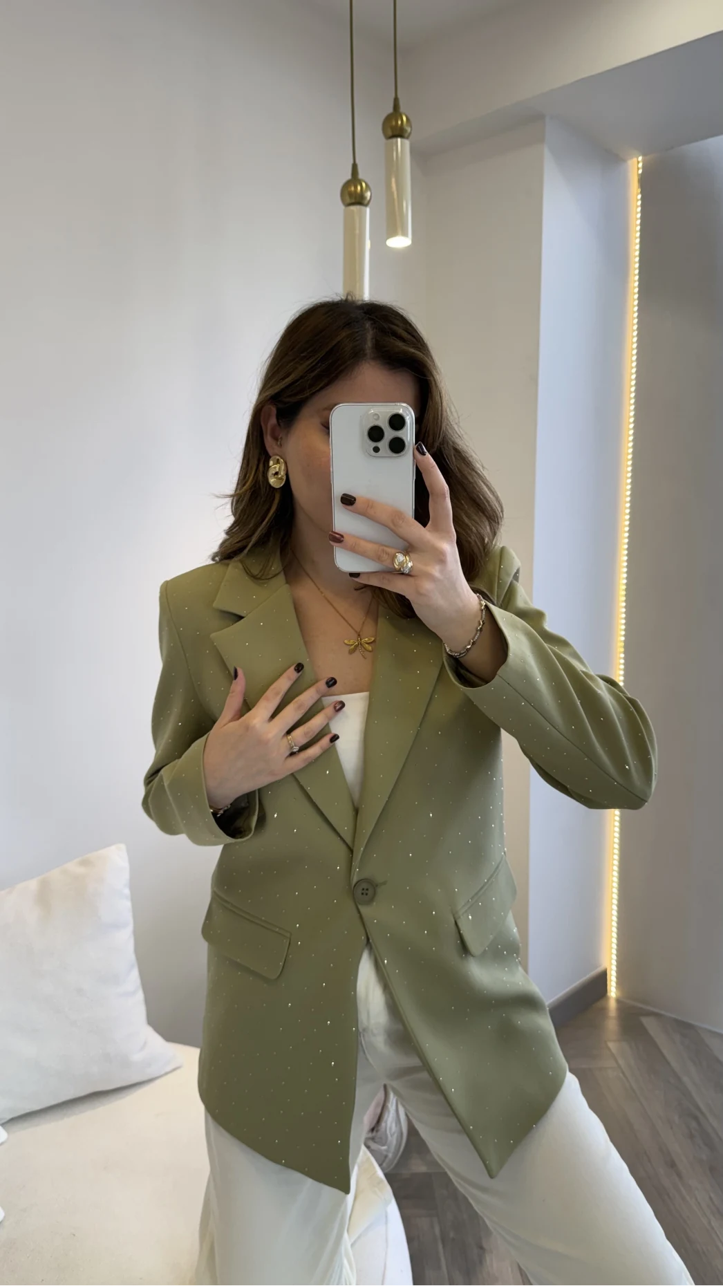 Taşlı Vatkalı Blazer Ceket - Haki - Kod: 98044