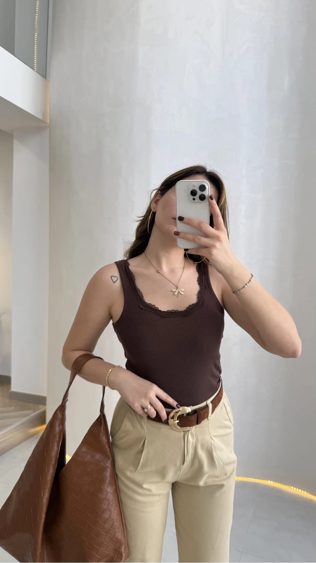 Fitilli Dantel Detay Kalın Askılı Body - Kahverengi