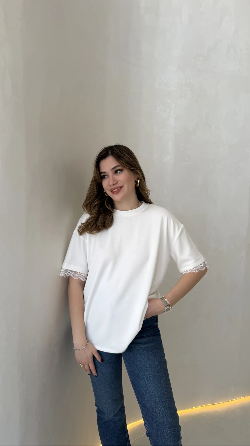 Sırt Dantel Detaylı Kısa Kol T-shirt - Ekru