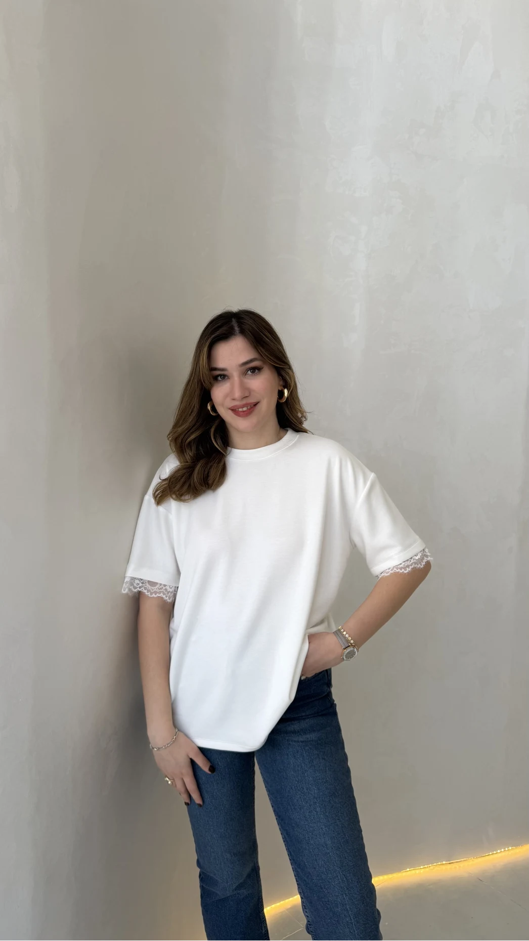 Sırt Dantel Detaylı Kısa Kol T-shirt - Ekru