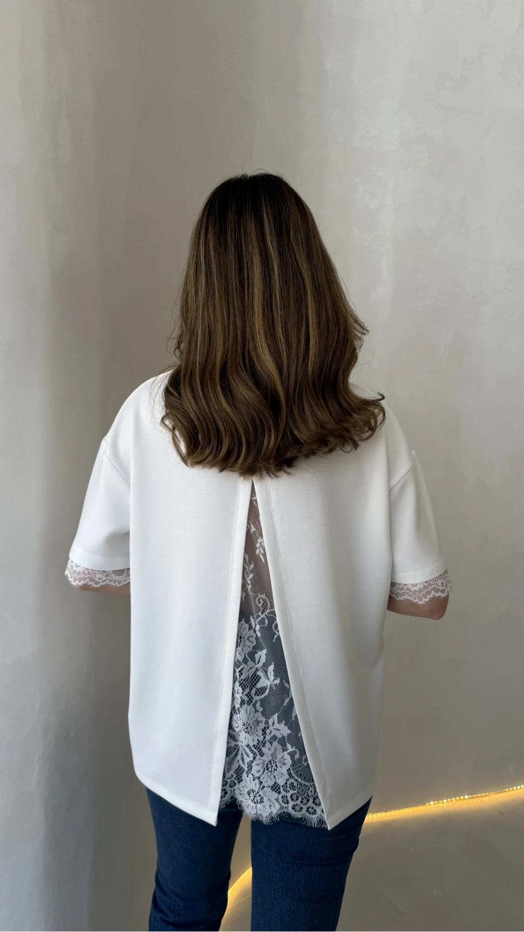 Sırt Dantel Detaylı Kısa Kol T-shirt - Ekru