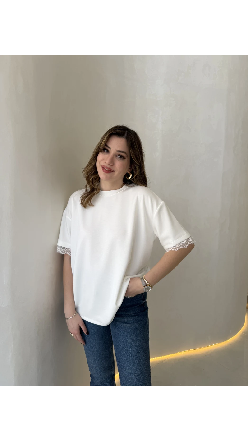 Sırt Dantel Detaylı Kısa Kol T-shirt - Ekru