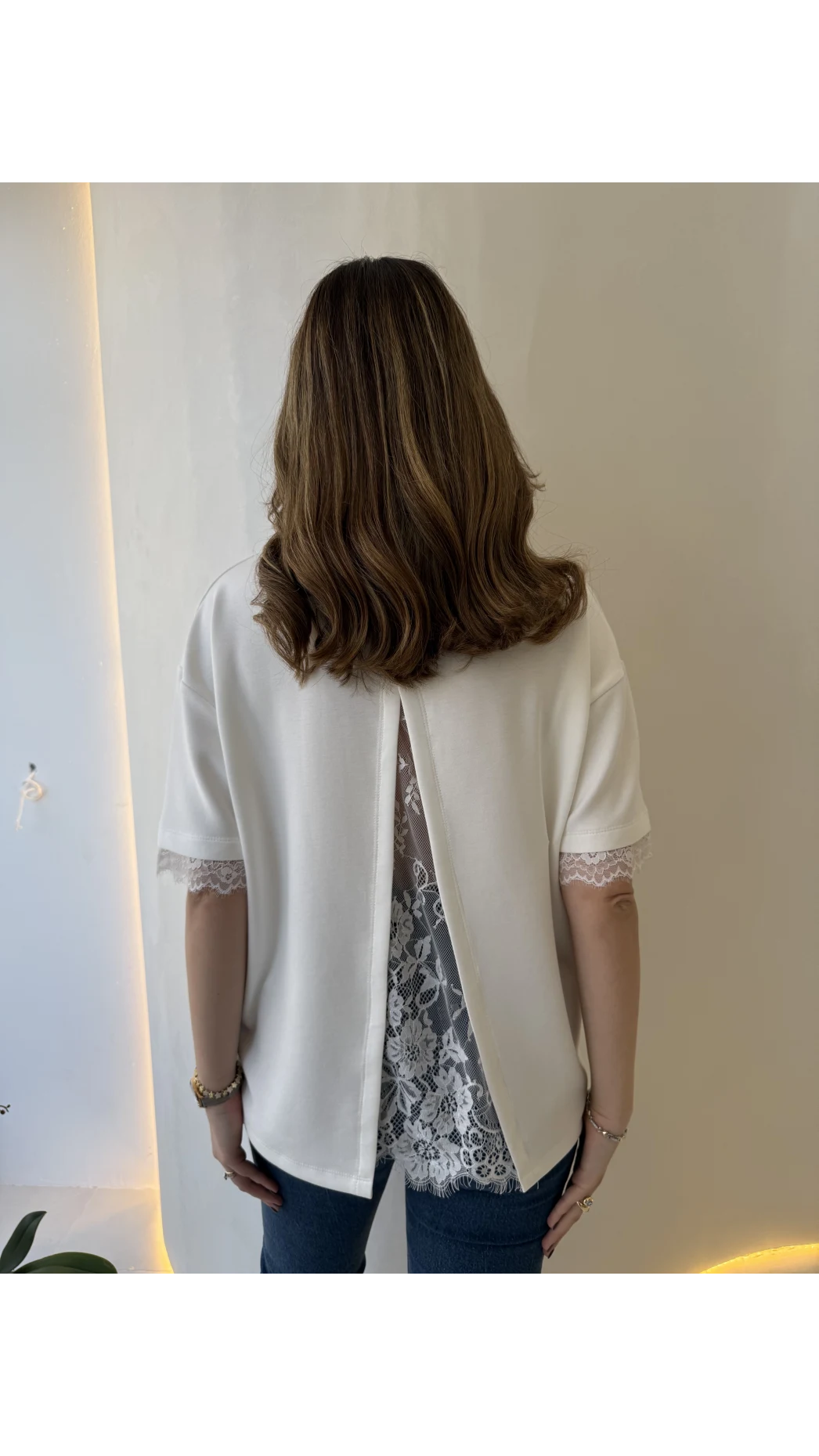 Sırt Dantel Detaylı Kısa Kol T-shirt - Ekru