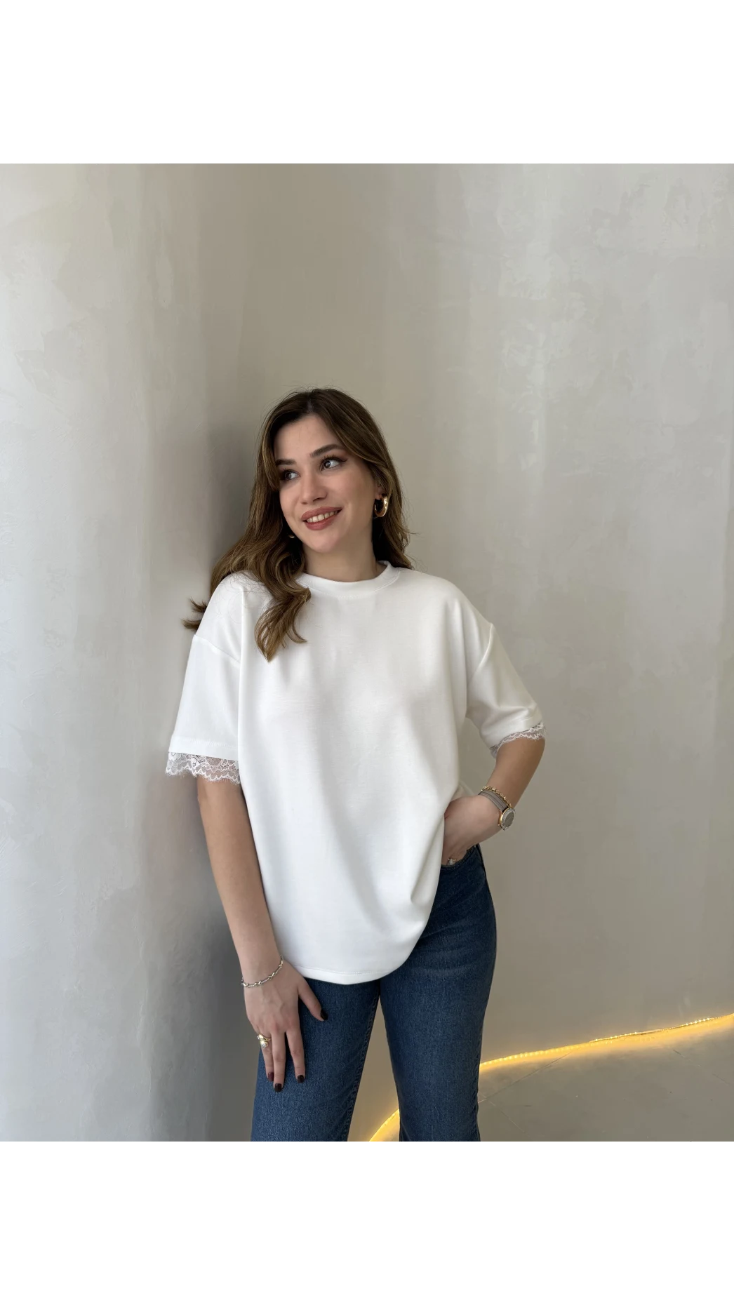 Sırt Dantel Detaylı Kısa Kol T-shirt - Ekru