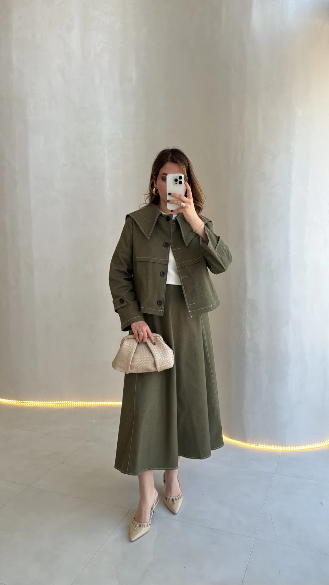 Serenity Pelerinli Denim Etek-Ceket Takım - Haki - Kod:: 586