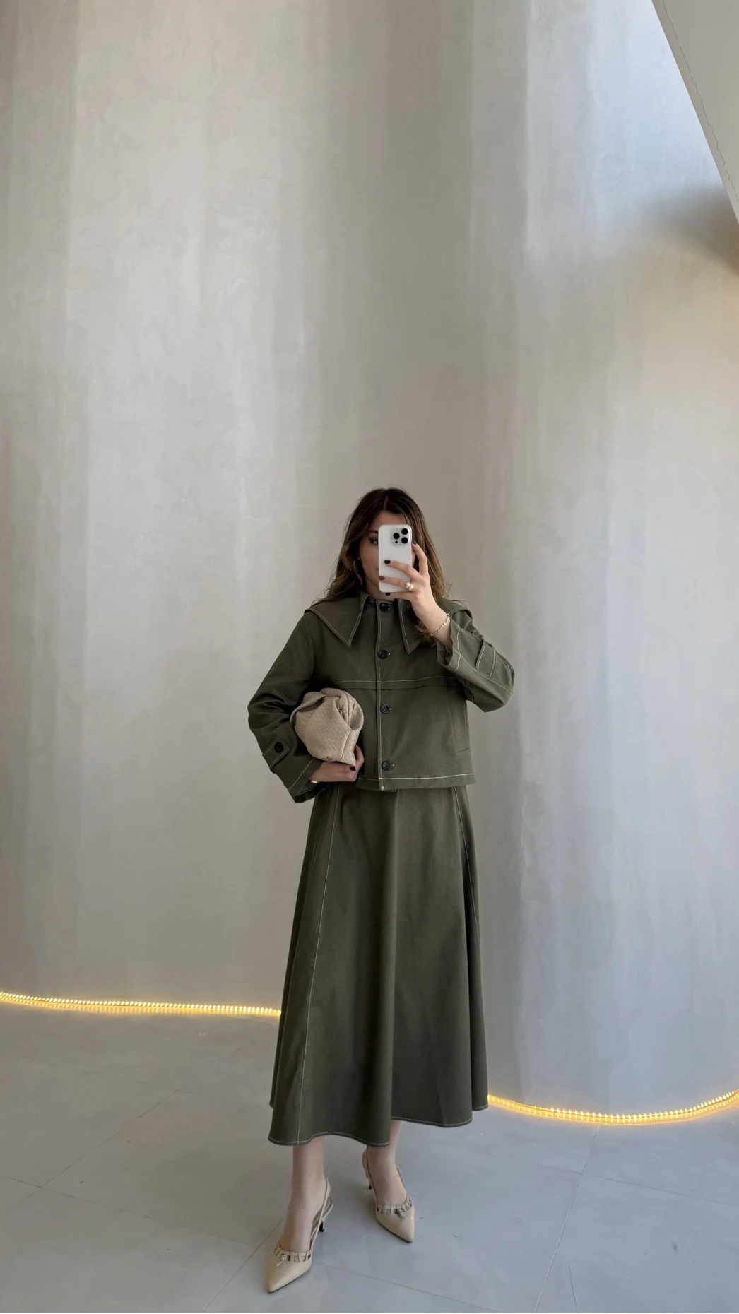 Serenity Pelerinli Denim Etek-Ceket Takım - Haki - Kod:: 586