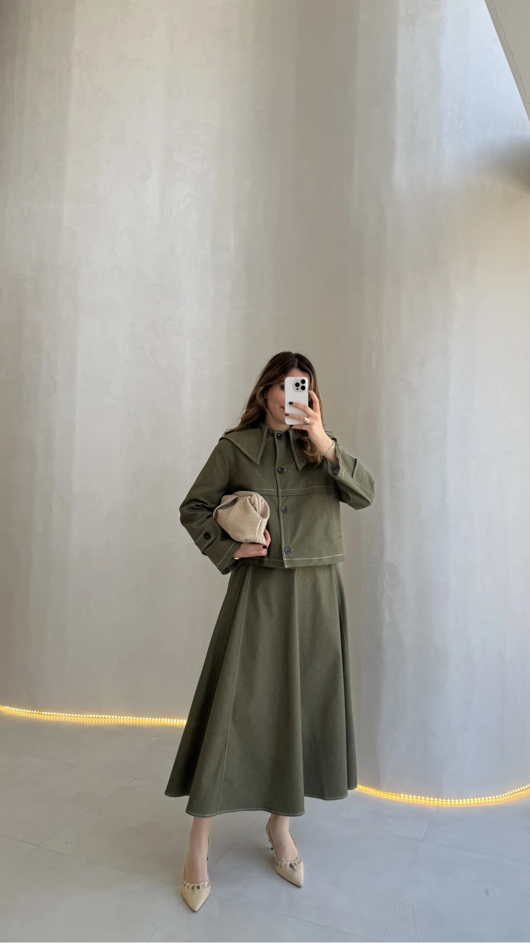 Serenity Pelerinli Denim Etek-Ceket Takım - Haki - Kod:: 586