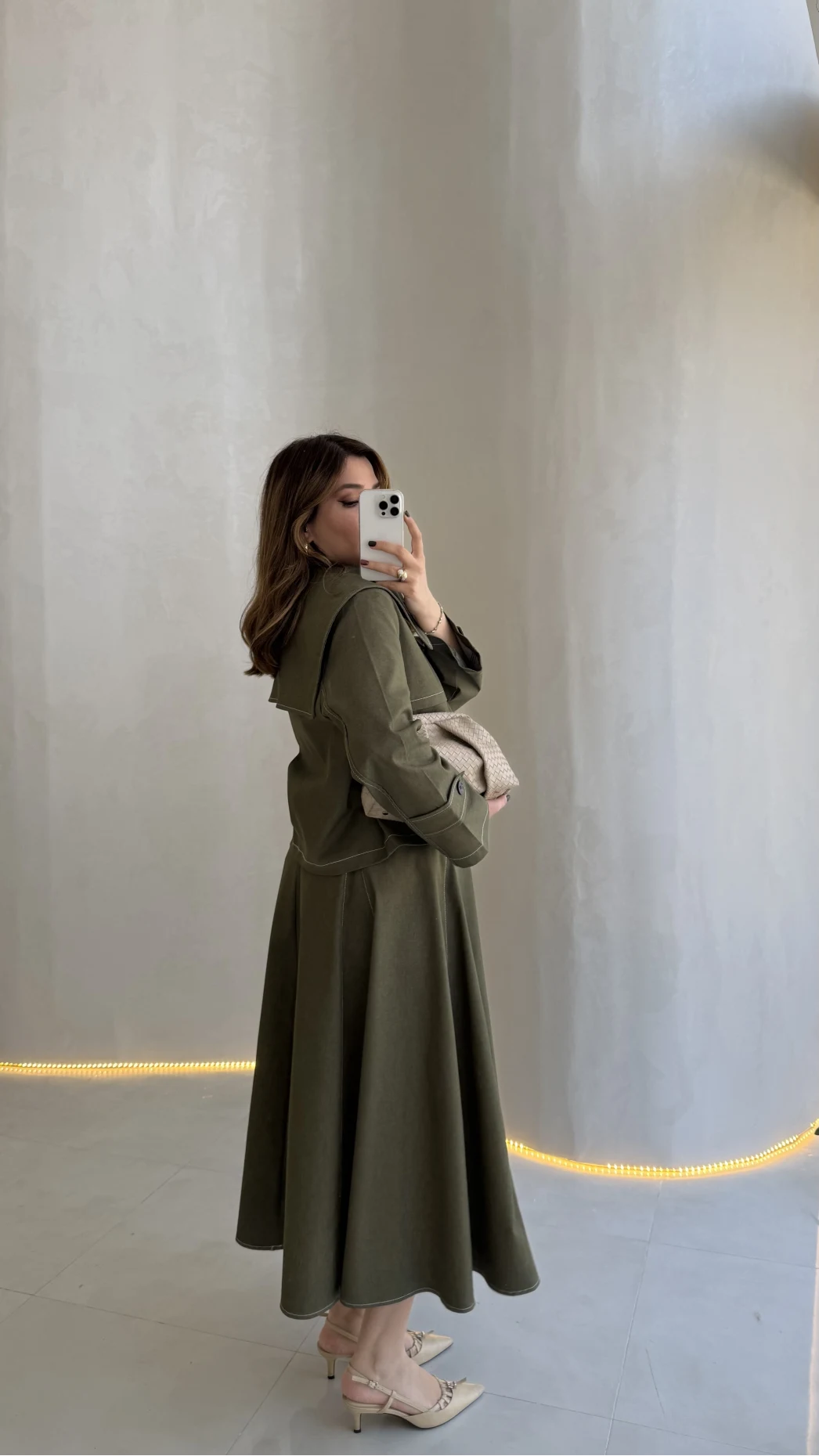 Serenity Pelerinli Denim Etek-Ceket Takım - Haki - Kod:: 586