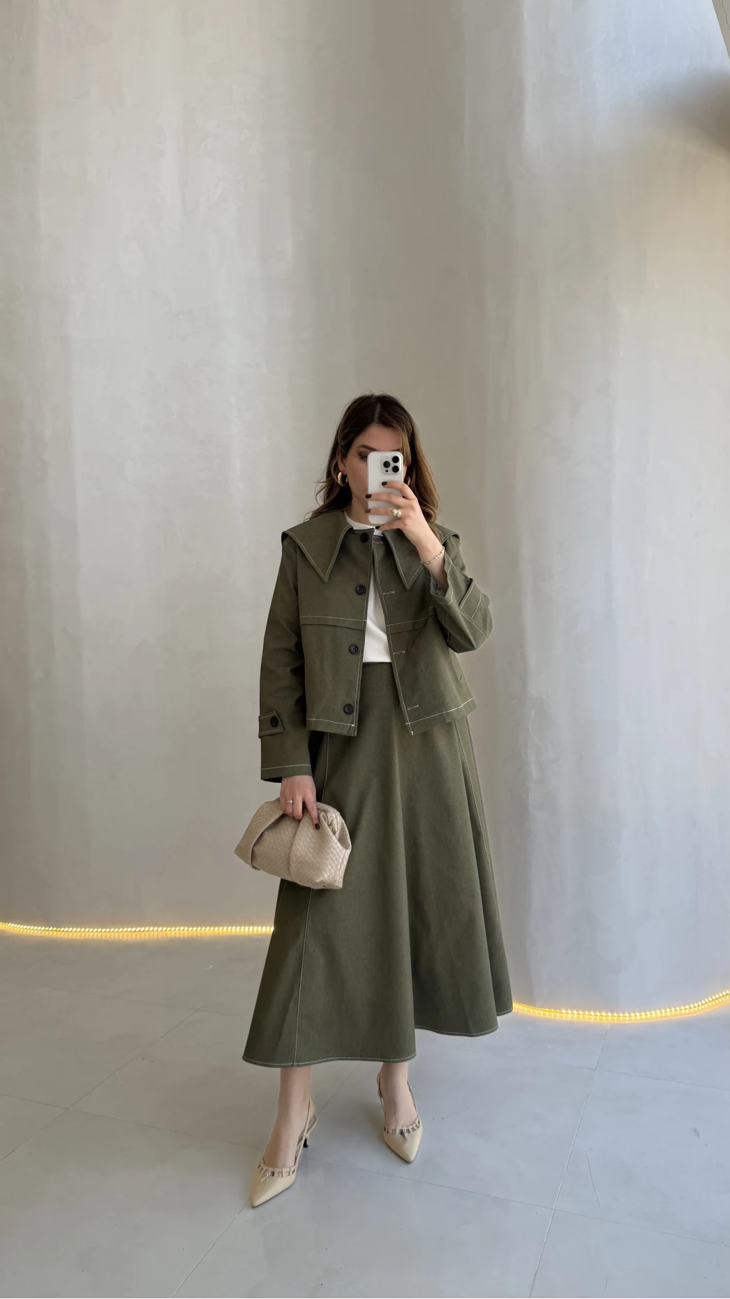 Serenity Pelerinli Denim Etek-Ceket Takım - Haki - Kod:: 586