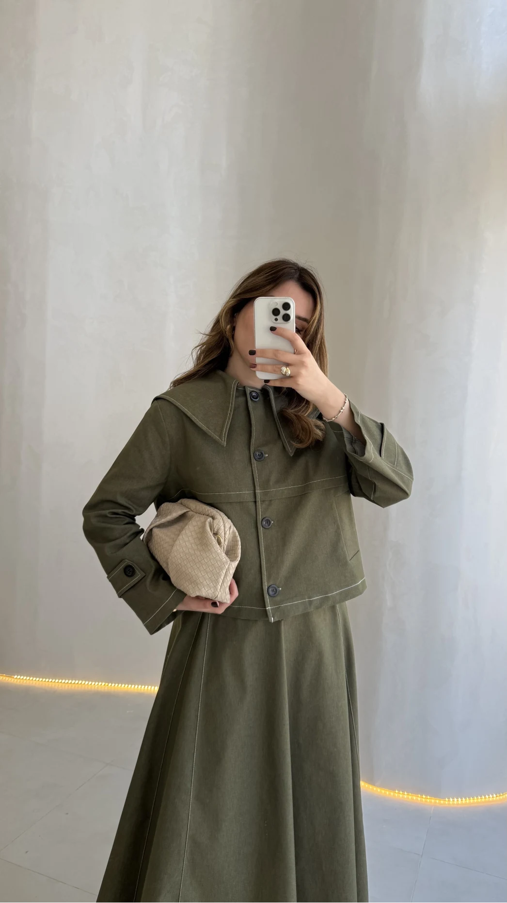 Serenity Pelerinli Denim Etek-Ceket Takım - Haki - Kod:: 586