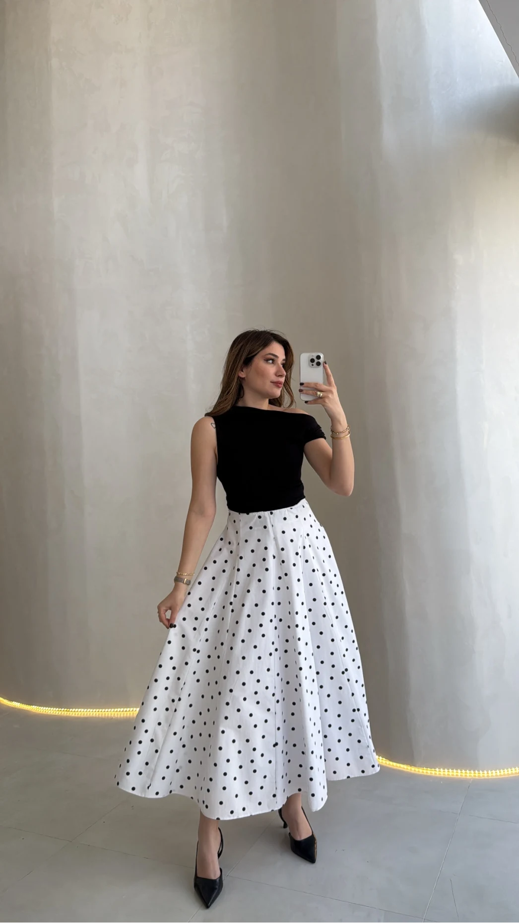 Puantiyeli Astarlı Kloş Etek - Beyaz