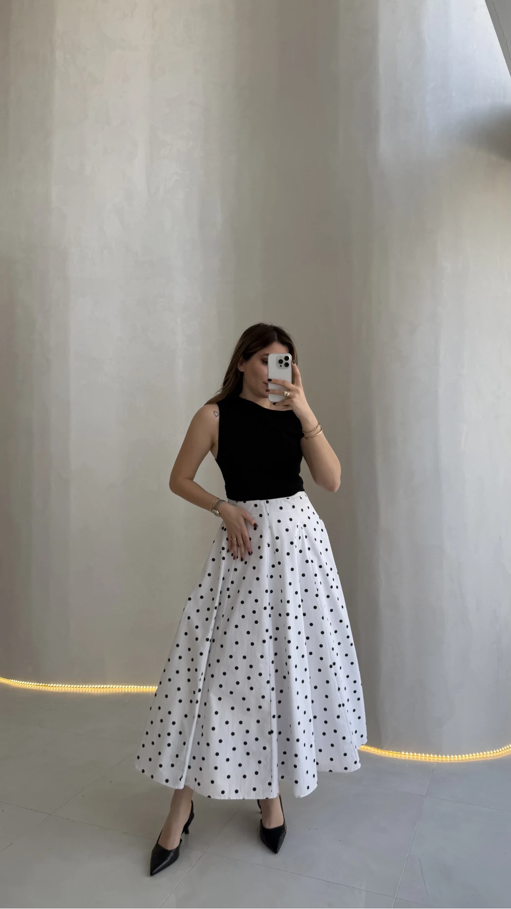 Puantiyeli Astarlı Kloş Etek - Beyaz