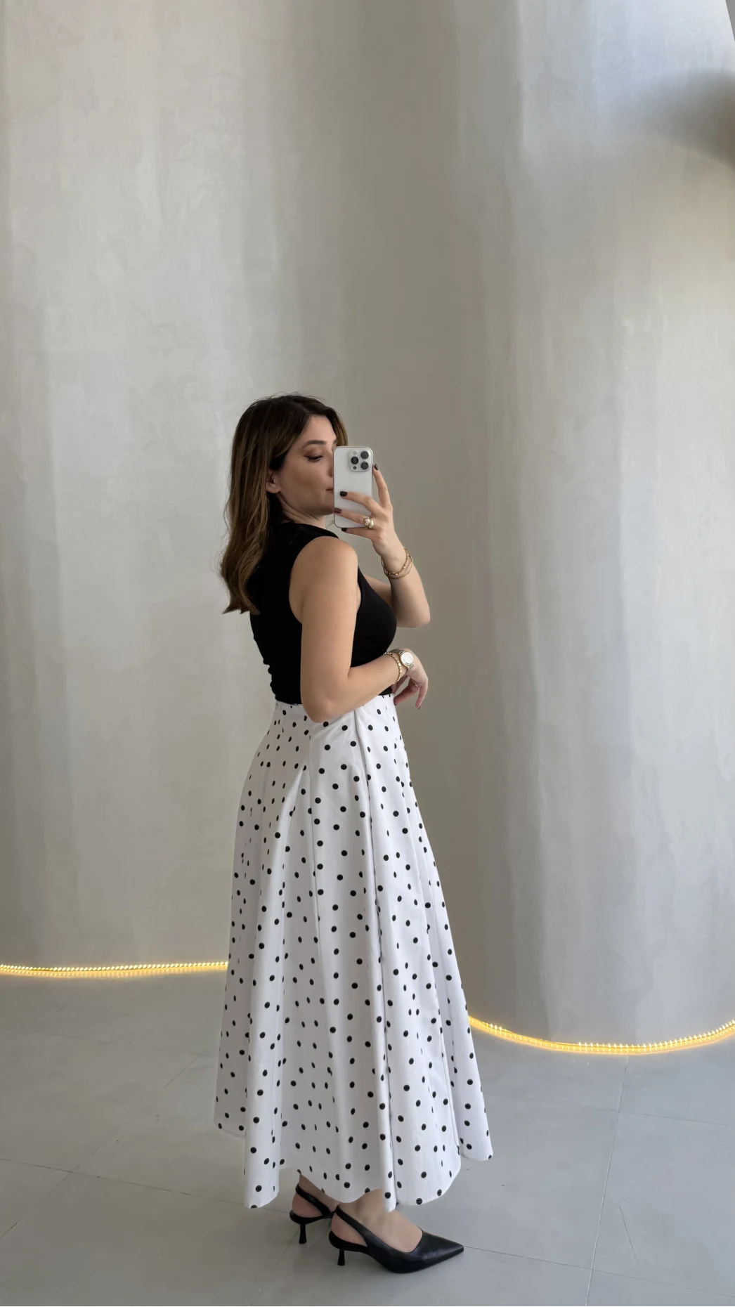 Puantiyeli Astarlı Kloş Etek - Beyaz