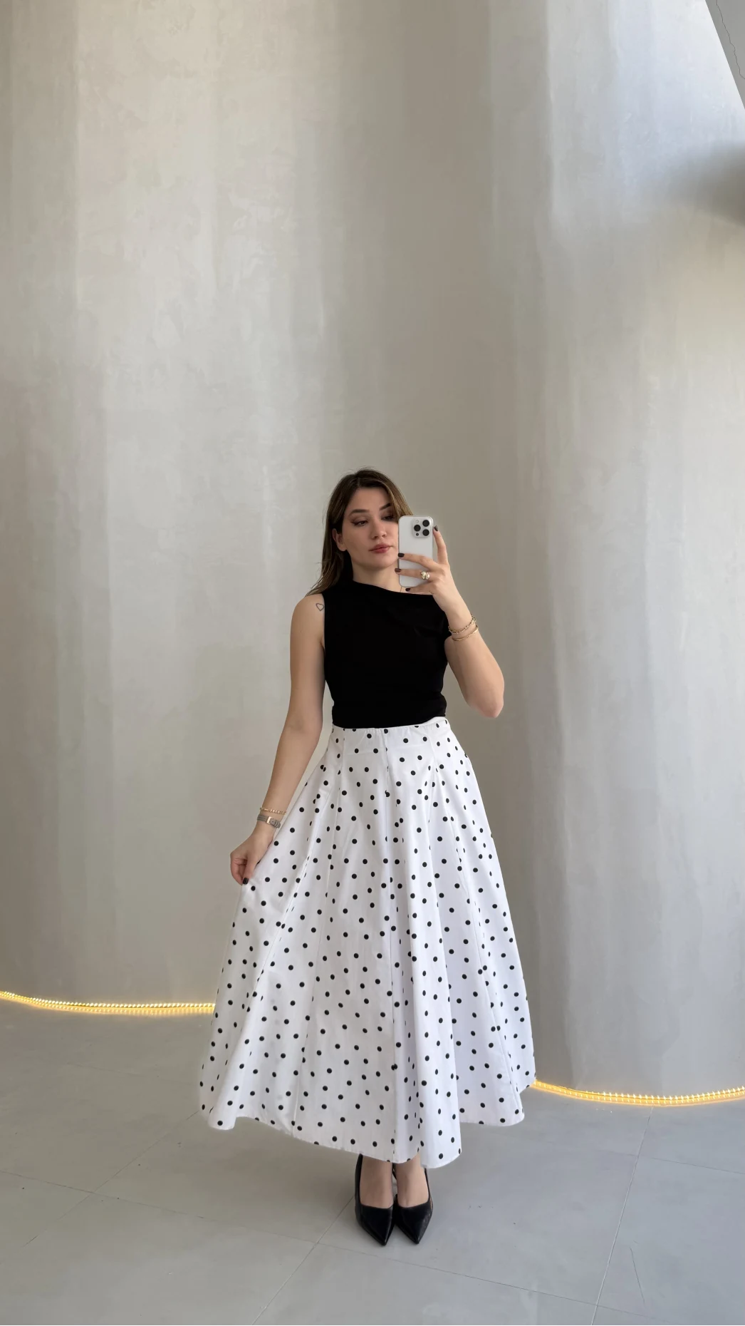 Puantiyeli Astarlı Kloş Etek - Beyaz