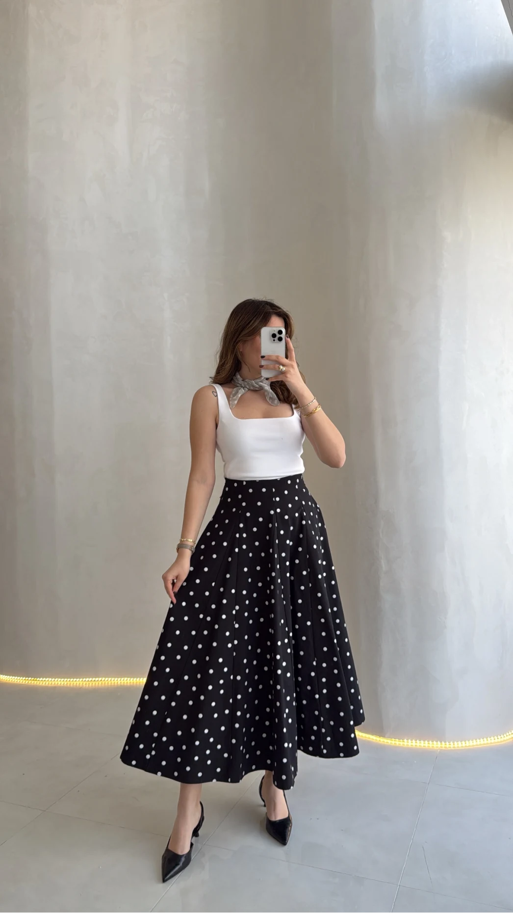 Puantiyeli Astarlı Kloş Etek - Siyah