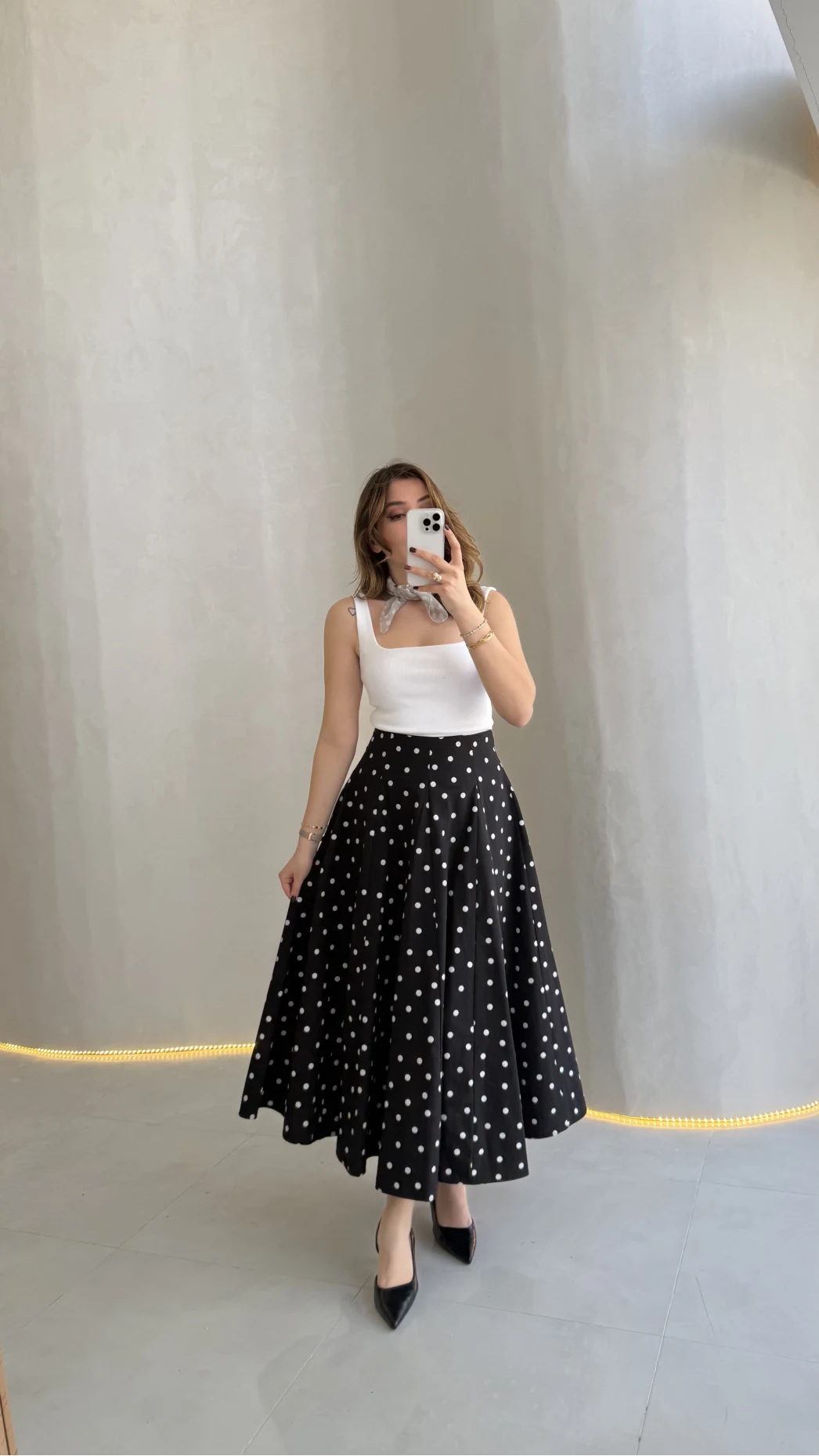 Puantiyeli Astarlı Kloş Etek - Siyah