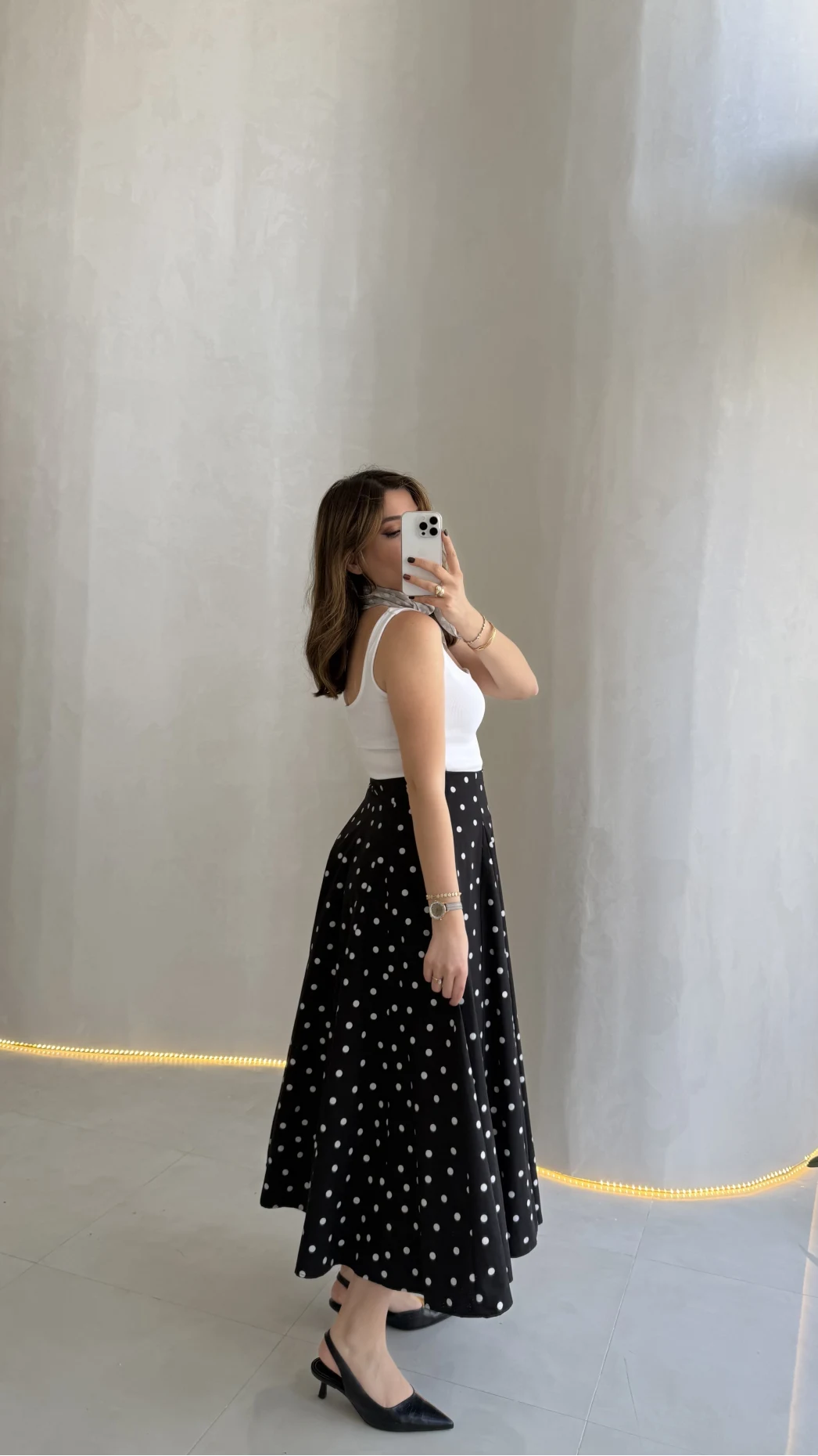 Puantiyeli Astarlı Kloş Etek - Siyah