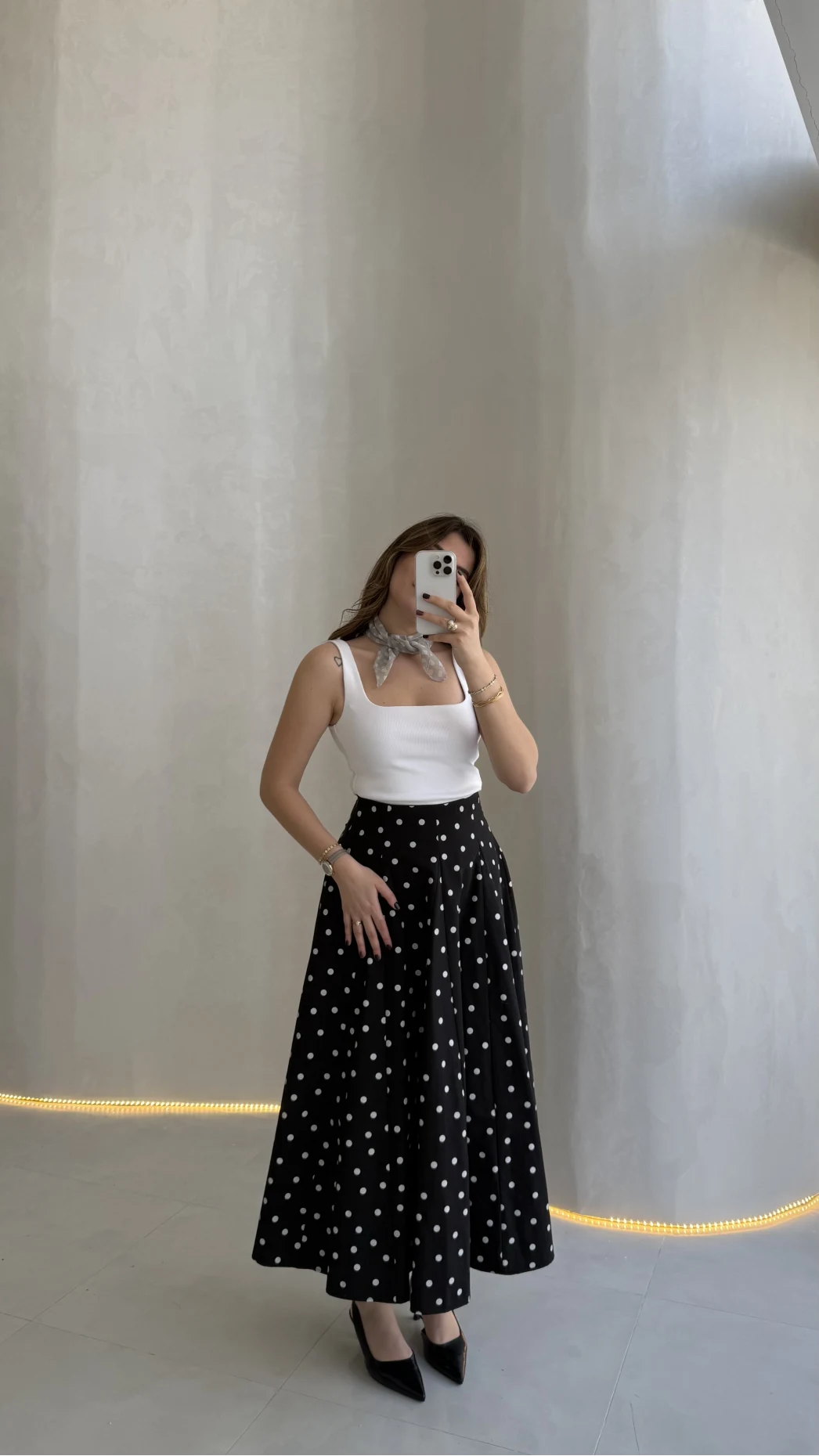 Puantiyeli Astarlı Kloş Etek - Siyah