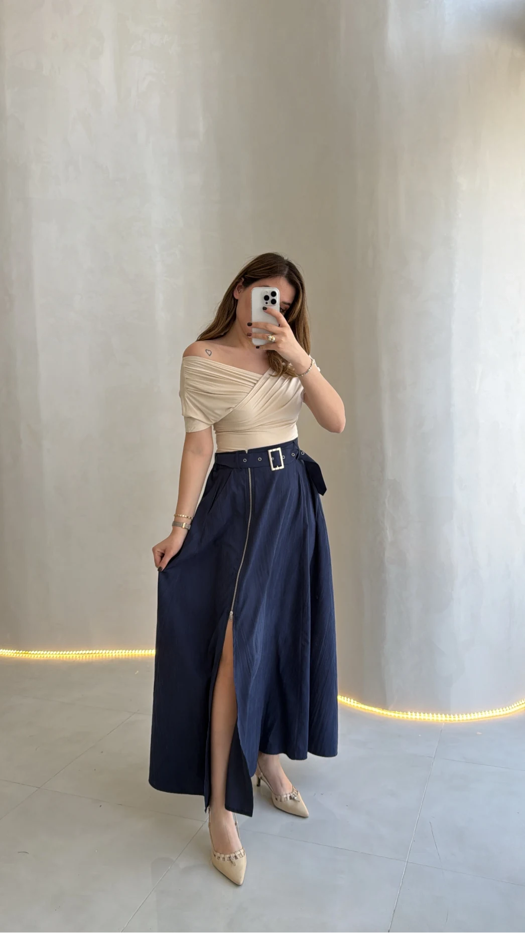 Paraşüt Kumaş Fermuar Yırtmaçlı Kemerli Etek - Lacivert