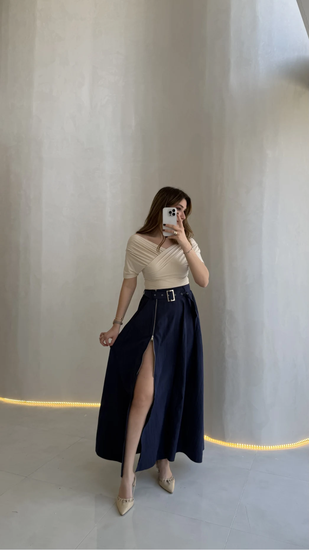 Paraşüt Kumaş Fermuar Yırtmaçlı Kemerli Etek - Lacivert