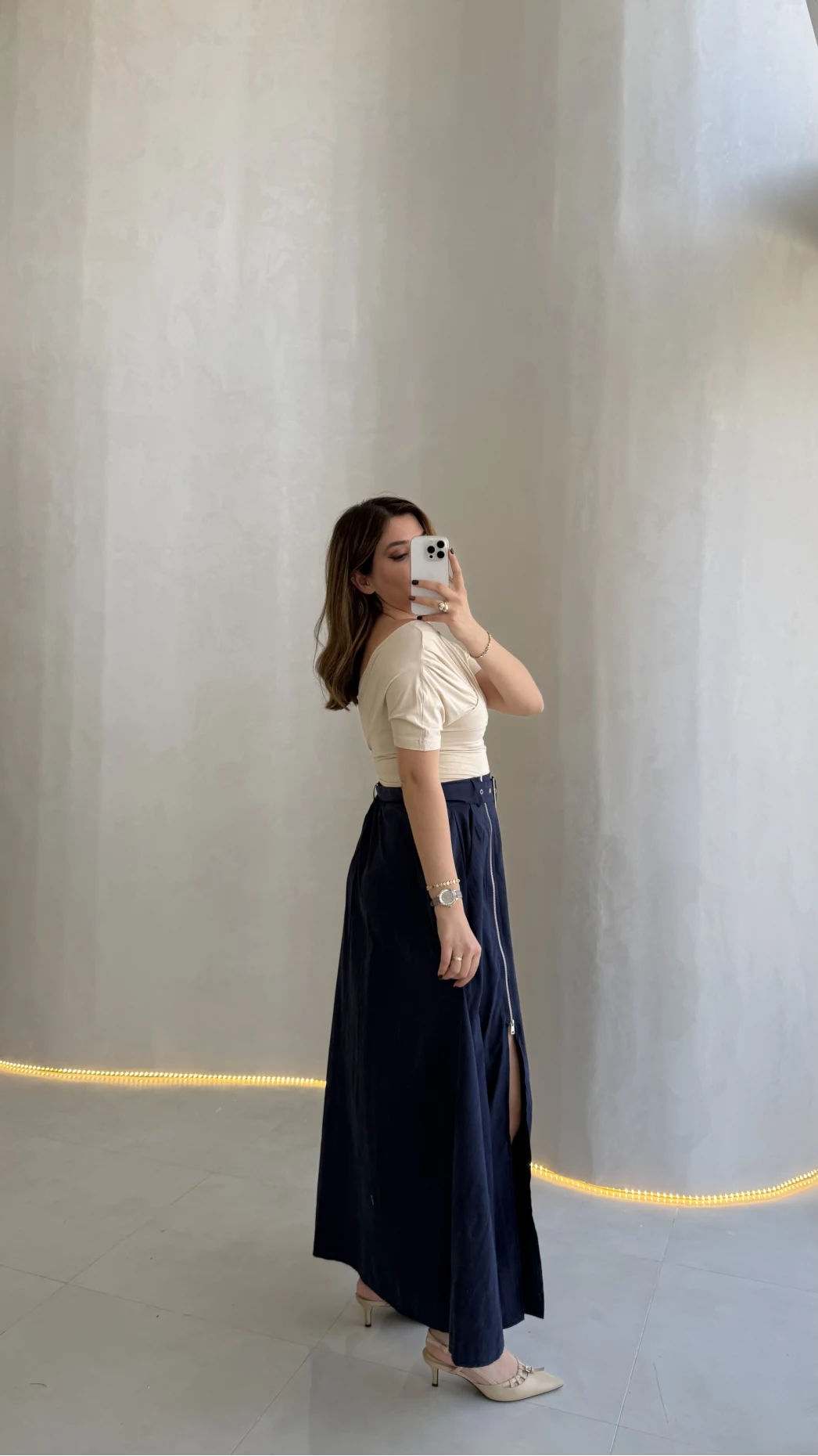 Paraşüt Kumaş Fermuar Yırtmaçlı Kemerli Etek - Lacivert