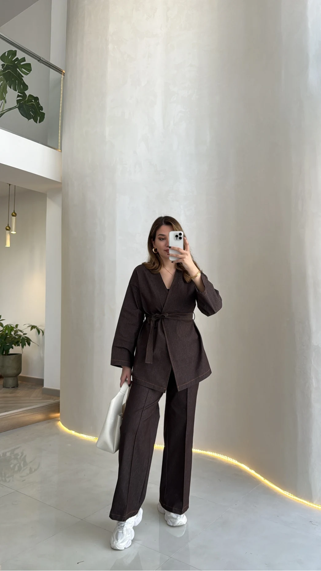 Freedom Denim Kuşaklı Pantolon Takım - Kahverengi - Kod: 583