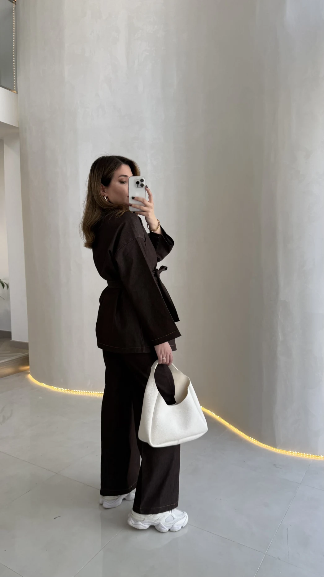 Freedom Denim Kuşaklı Pantolon Takım - Kahverengi - Kod: 583