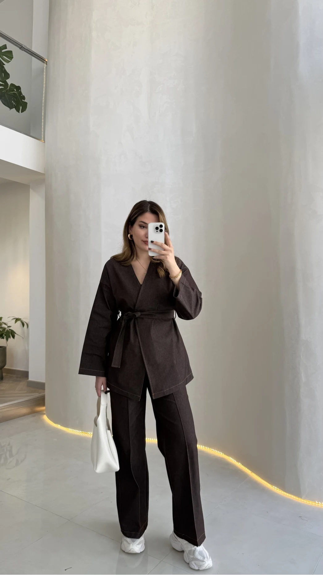 Freedom Denim Kuşaklı Pantolon Takım - Kahverengi - Kod: 583