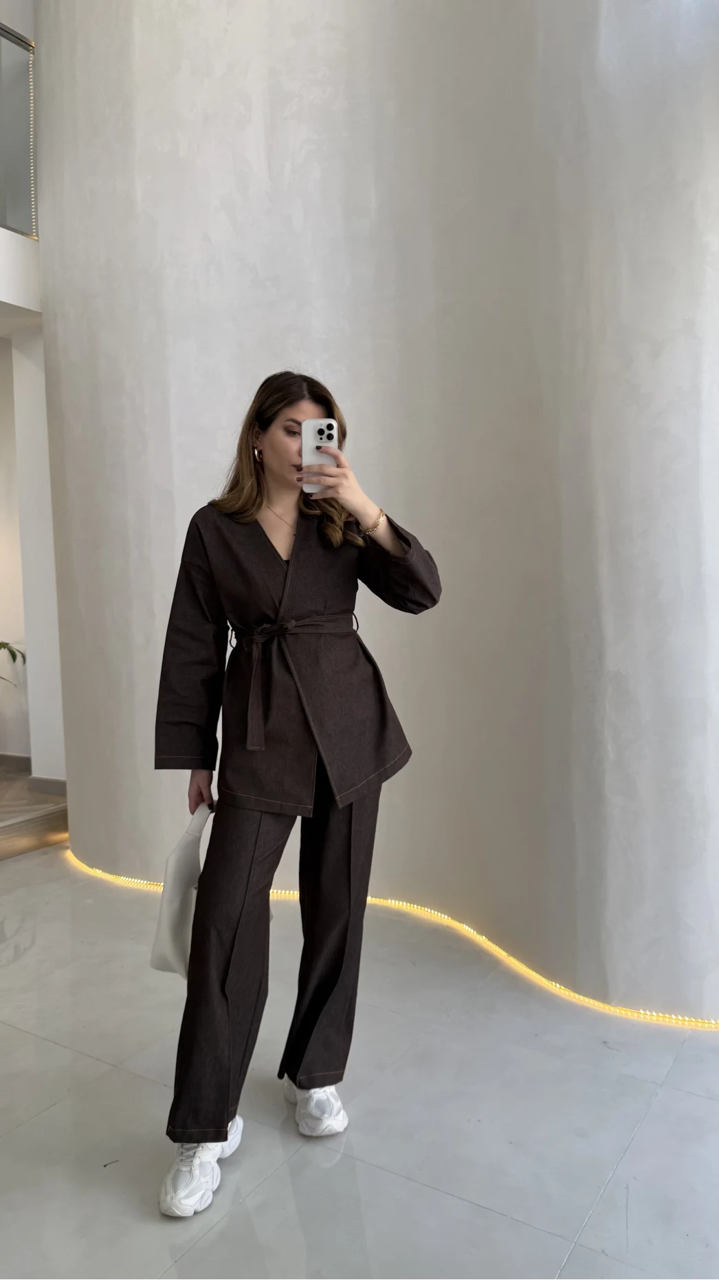 Freedom Denim Kuşaklı Pantolon Takım - Kahverengi - Kod: 583