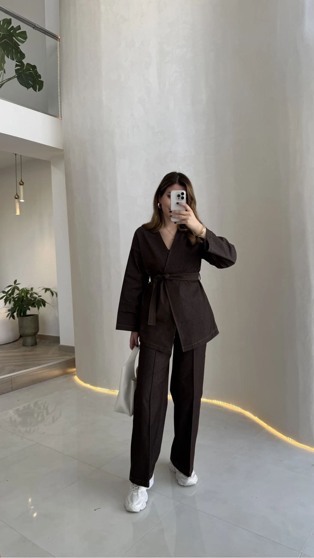 Freedom Denim Kuşaklı Pantolon Takım - Kahverengi - Kod: 583