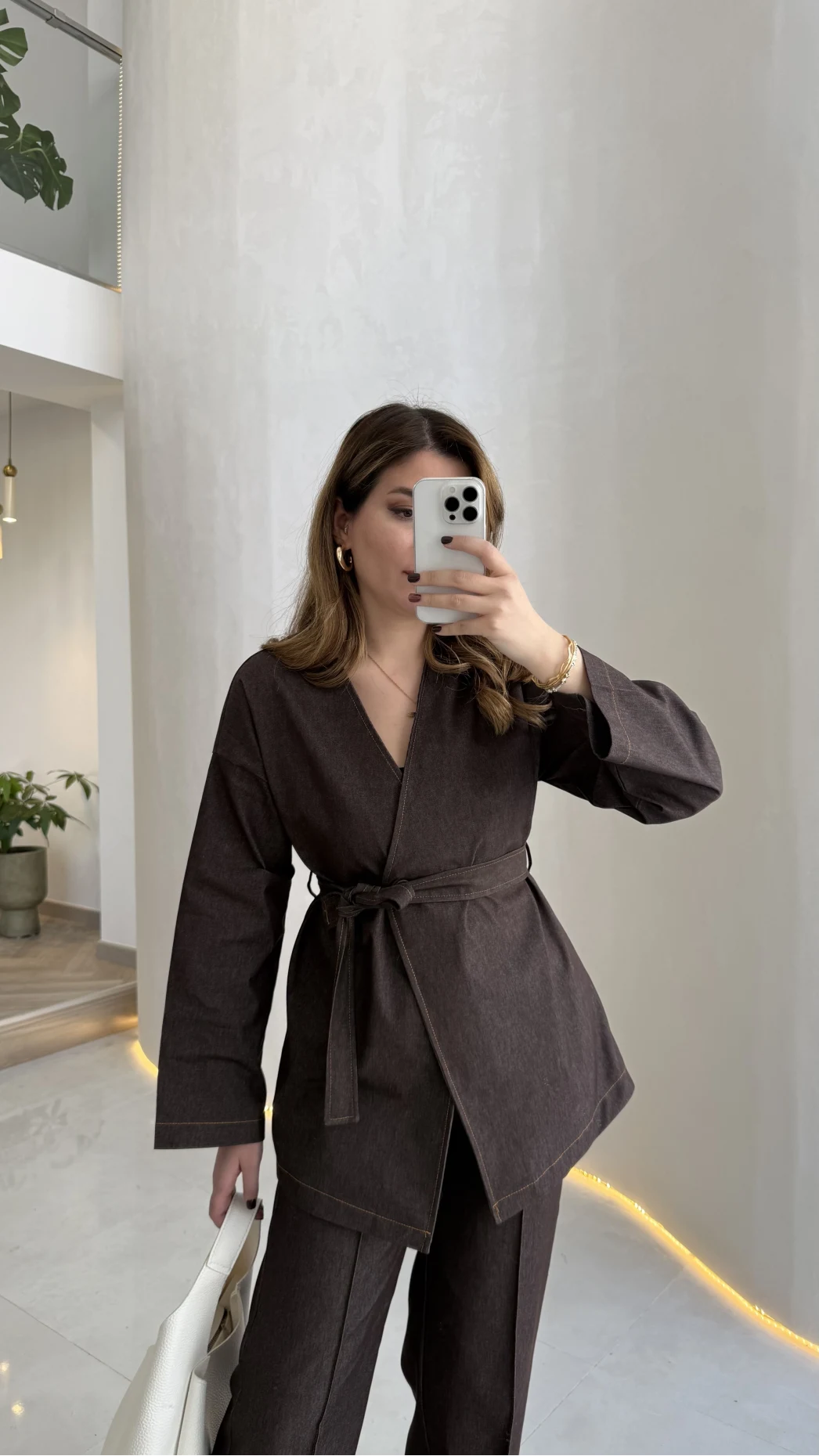 Freedom Denim Kuşaklı Pantolon Takım - Kahverengi - Kod: 583