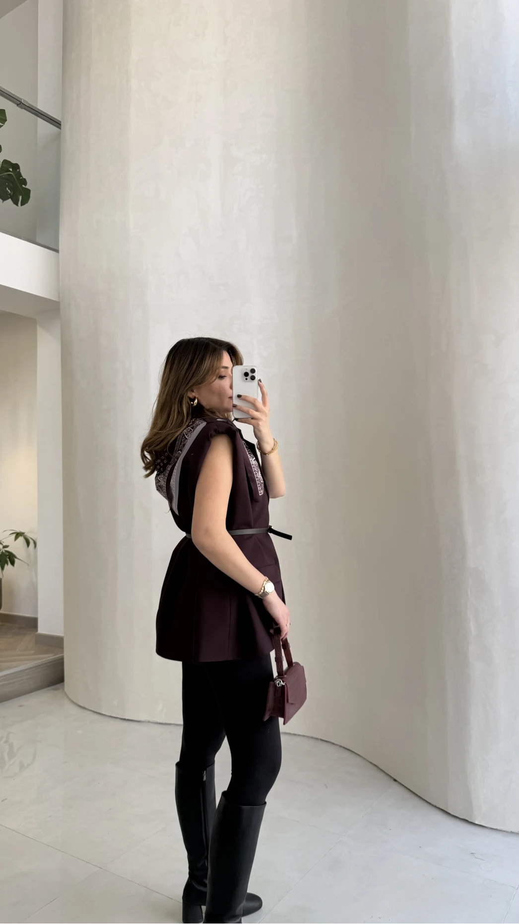 Sapphire Fular Detaylı Vatkalı Kemerli Yelek - Mürdüm - Kod: 7708