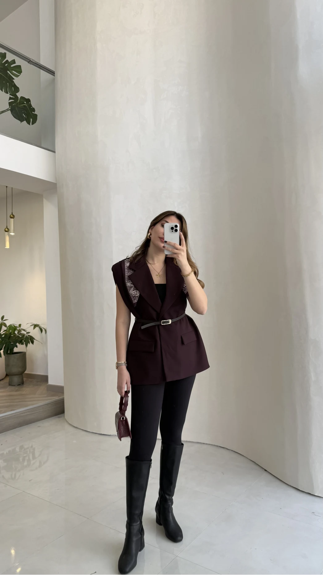 Sapphire Fular Detaylı Vatkalı Kemerli Yelek - Mürdüm - Kod: 7708