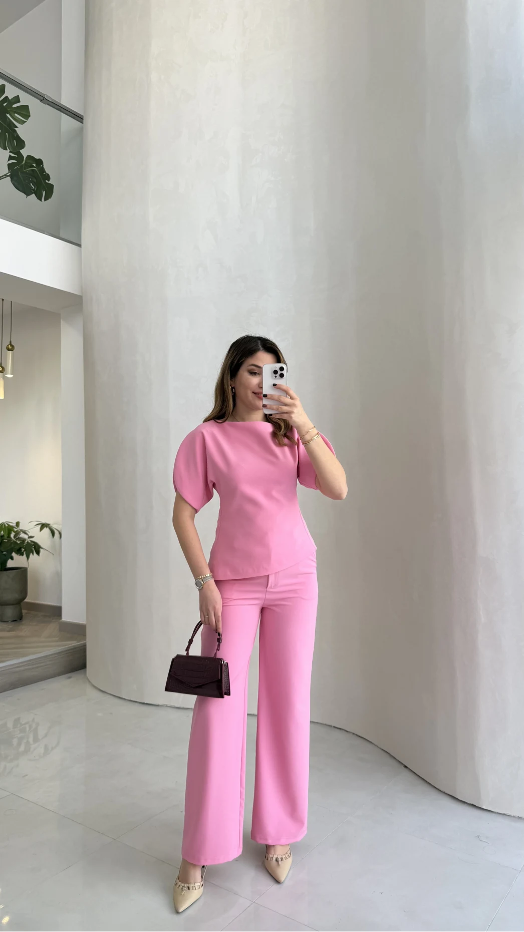 Ballet Kol Detay Bluz-Pantolon Takım - Pembe - Kod: 8089