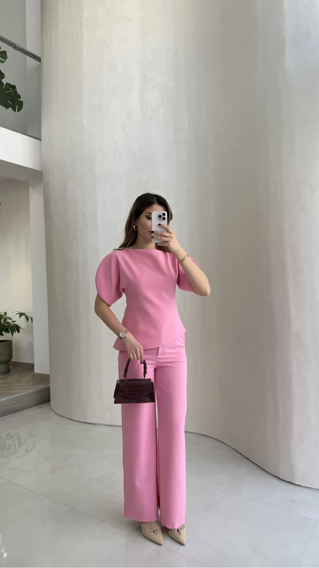 Ballet Kol Detay Bluz-Pantolon Takım - Pembe - Kod: 8089