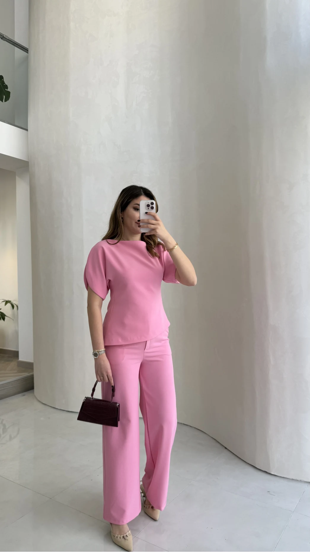 Ballet Kol Detay Bluz-Pantolon Takım - Pembe - Kod: 8089