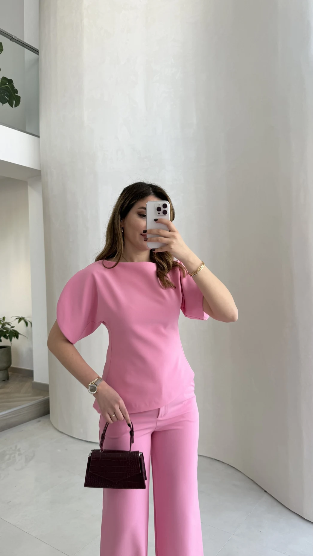 Ballet Kol Detay Bluz-Pantolon Takım - Pembe - Kod: 8089