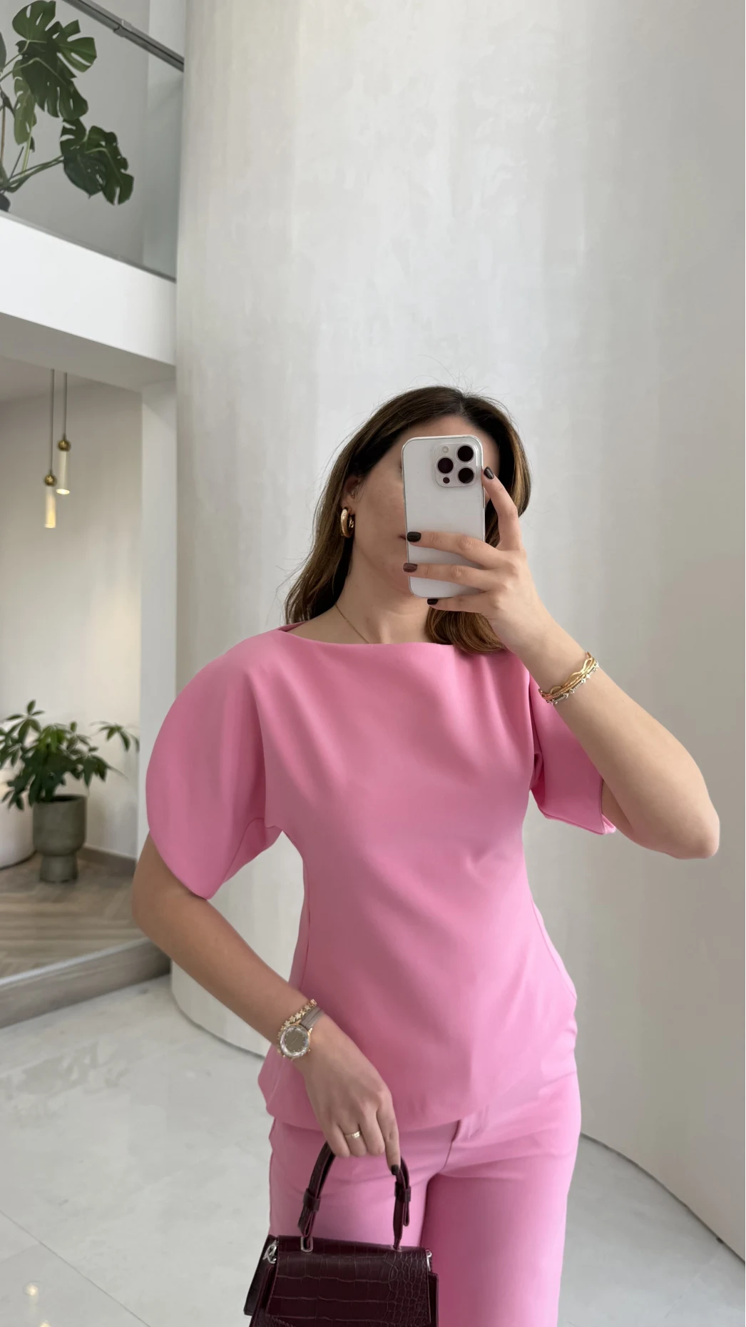 Ballet Kol Detay Bluz-Pantolon Takım - Pembe - Kod: 8089