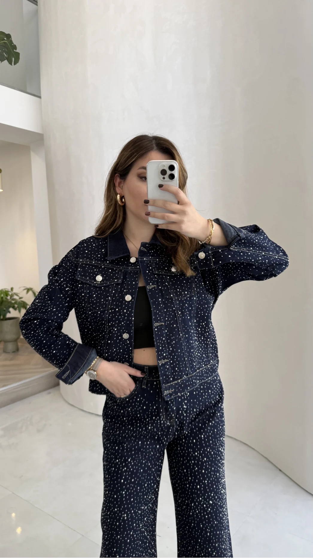 Taşlı Denim Ceket Pantolon Takım - Lacivert