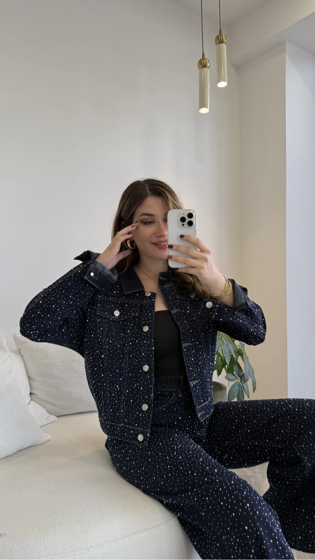 Taşlı Denim Ceket Pantolon Takım - Lacivert