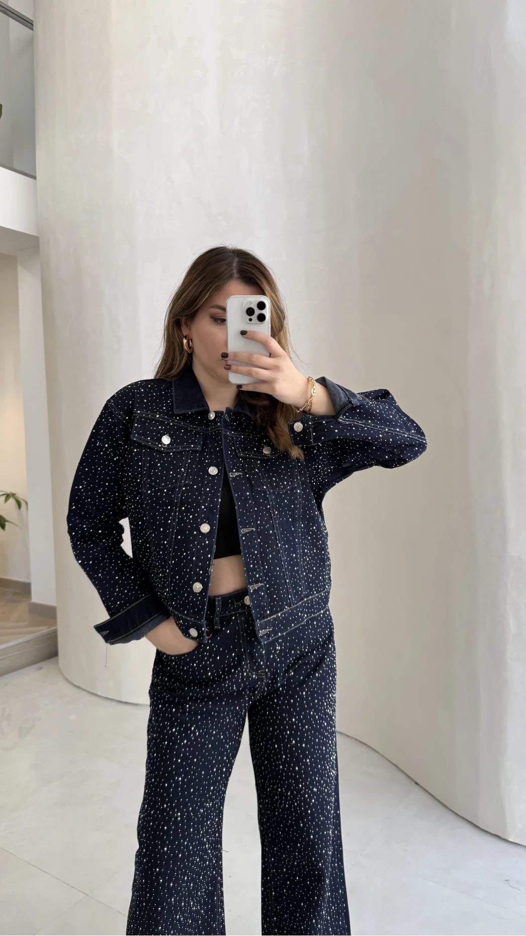 Taşlı Denim Ceket Pantolon Takım - Lacivert