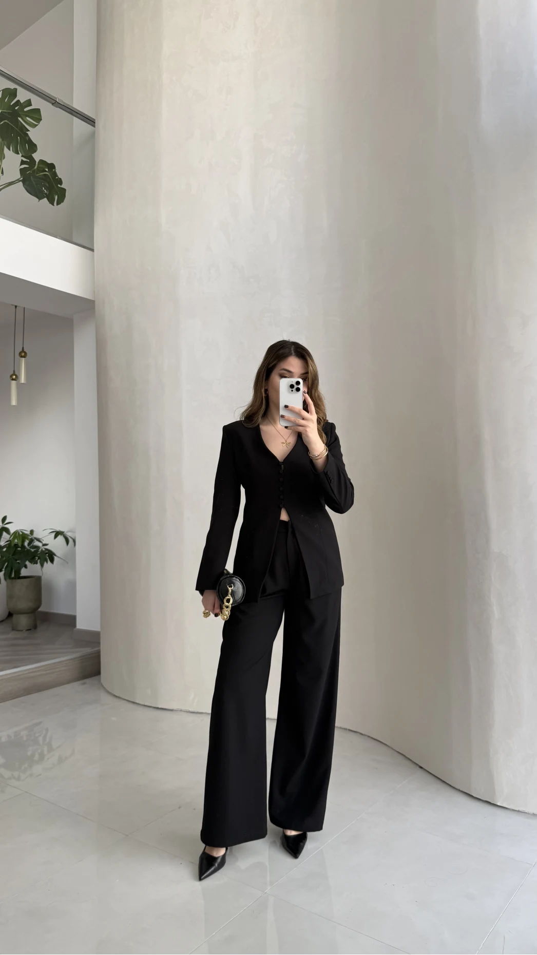 Fular Detay Vatkalı Düğmeli Ceket-Pantolon Takım - Siyah - Kod: 9046