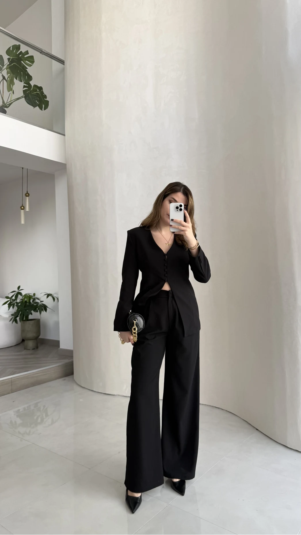 Fular Detay Vatkalı Düğmeli Ceket-Pantolon Takım - Siyah - Kod: 9046