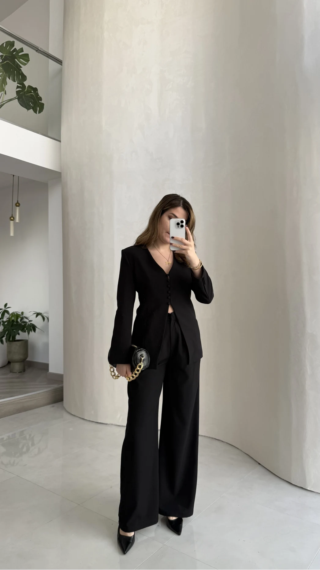 Fular Detay Vatkalı Düğmeli Ceket-Pantolon Takım - Siyah - Kod: 9046