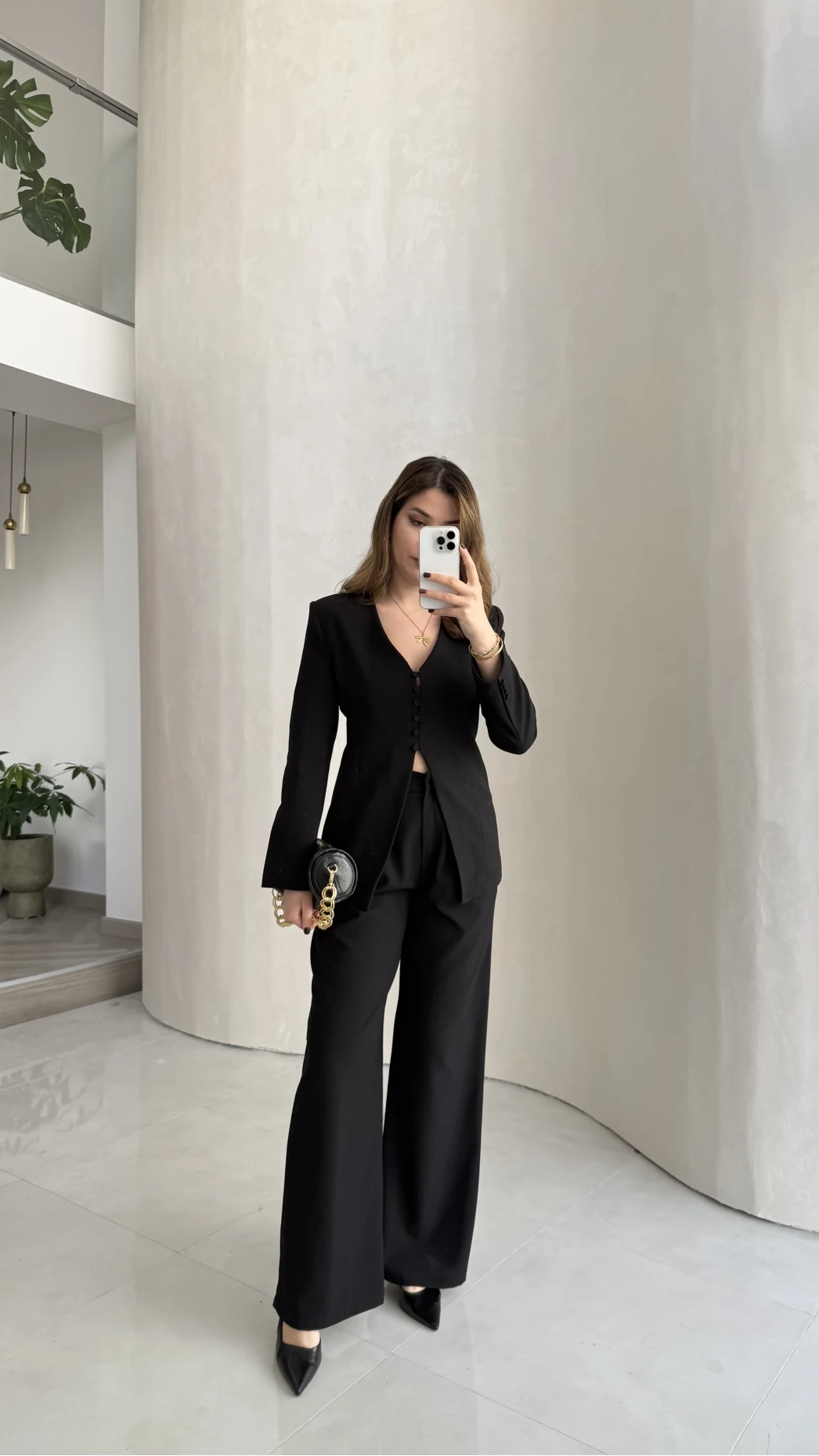 Fular Detay Vatkalı Düğmeli Ceket-Pantolon Takım - Siyah - Kod: 9046