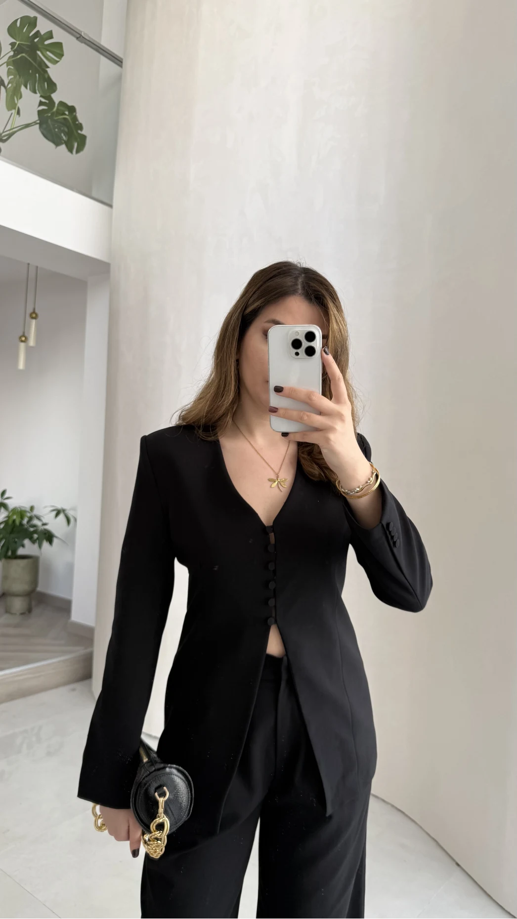 Fular Detay Vatkalı Düğmeli Ceket-Pantolon Takım - Siyah - Kod: 9046