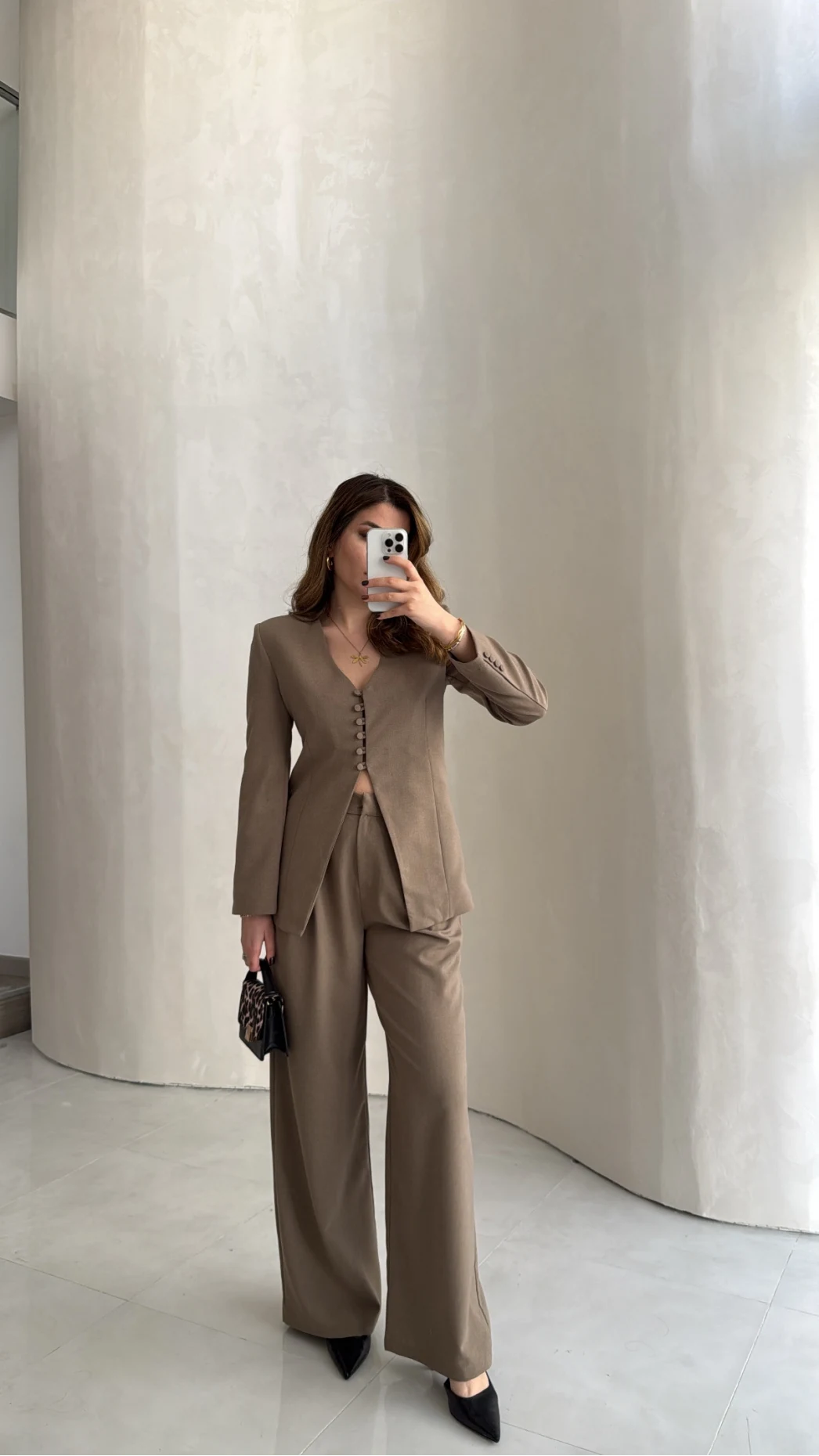 Fular Detay Vatkalı Düğmeli Ceket-Pantolon Takım - Haki - Kod: 9046